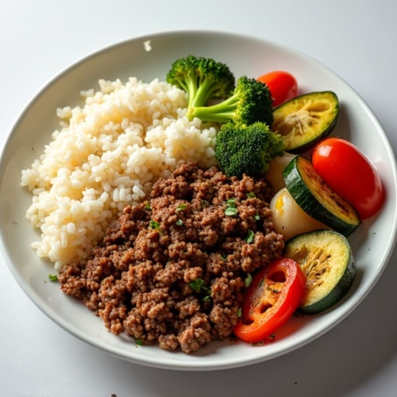 Savory Lean Ground Beef with White Rice and Roasted Vegetables