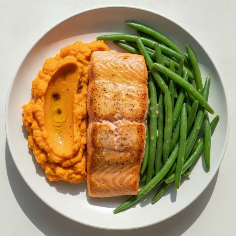 Seared Salmon with Steamed Green Beans and Sweet Potato Mash