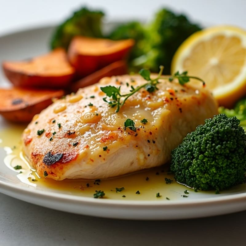 Sheet Pan Lemon Herb Roasted Chicken with Crispy Broccoli and Sweet Potato