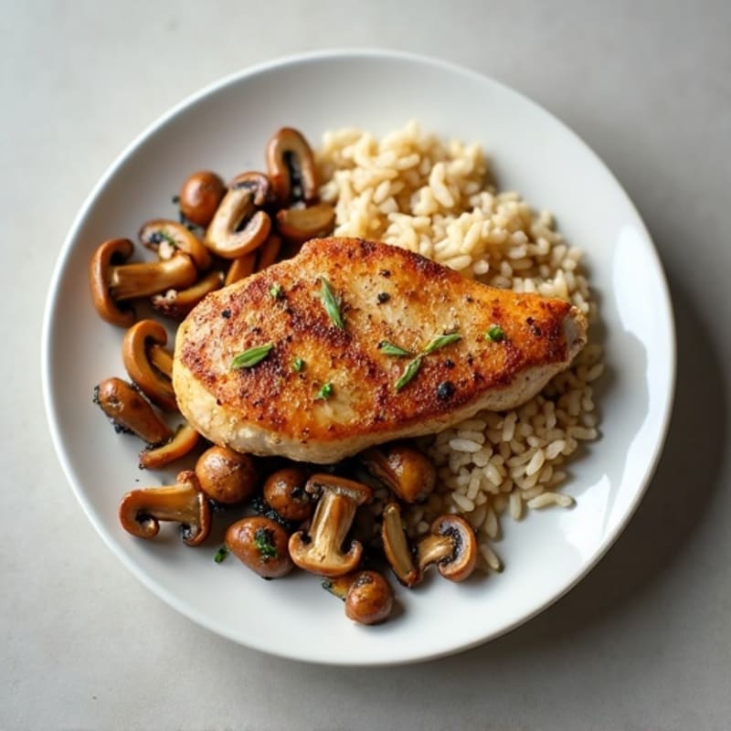Pan-Seared Chicken with Sautéed Garlic Mushrooms and Fluffy Brown Rice