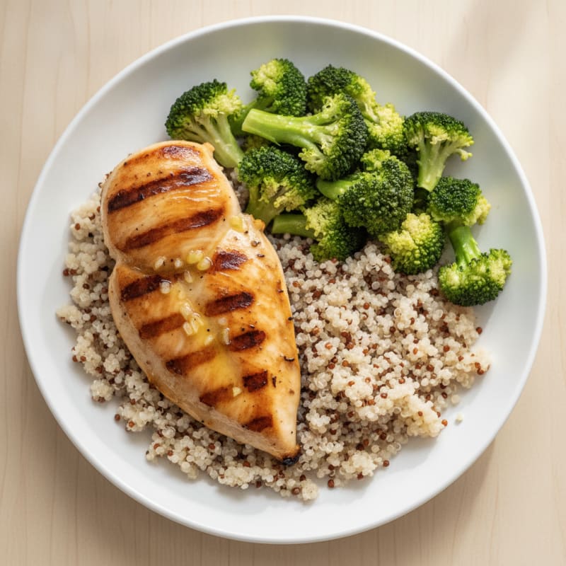 Grilled Lemon-Garlic Chicken Breast with Steamed Broccoli and Quinoa