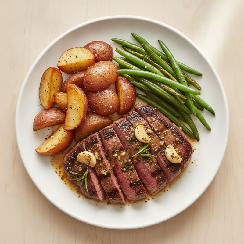 Garlic Herb Steak with Roasted Potatoes and Green Beans