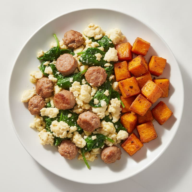 Egg White and Turkey Sausage Scramble with Spinach and Roasted Sweet Potato