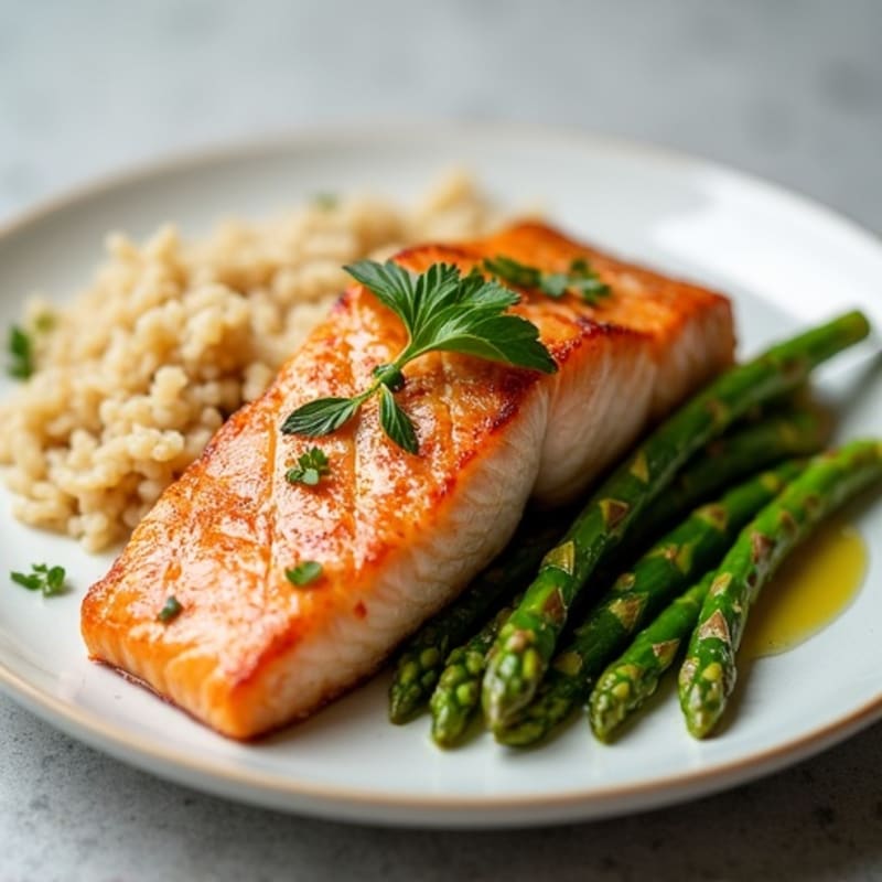 Seared Salmon with Steamed Asparagus and Brown Rice