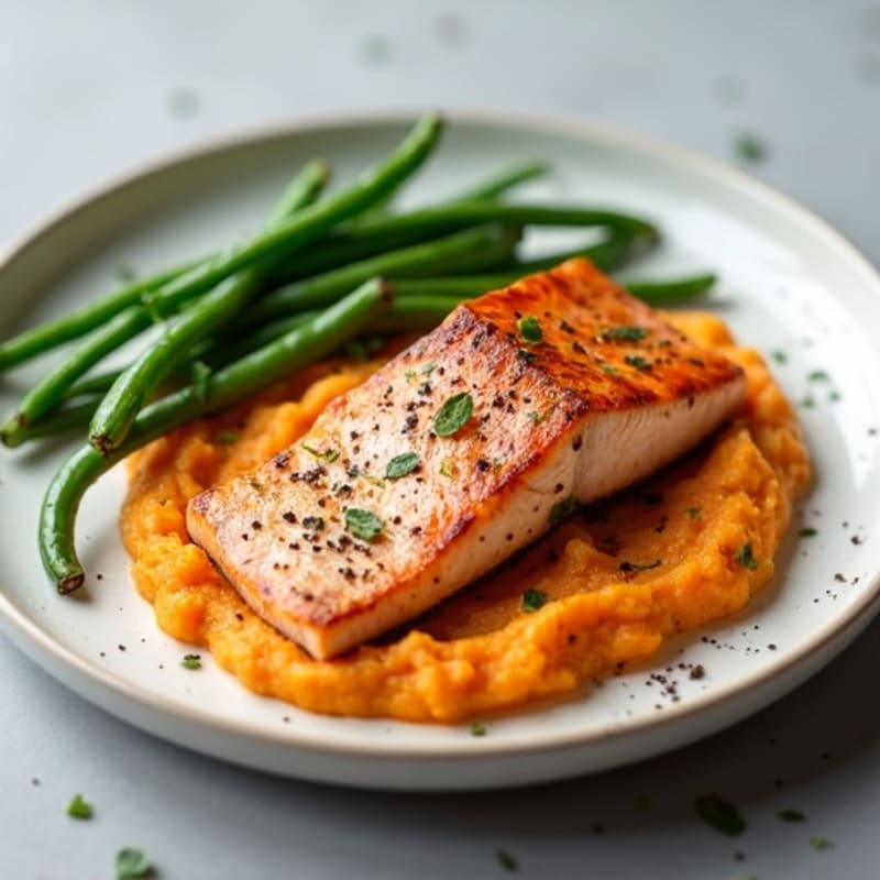 Seared Salmon with Garlic Green Beans and Sweet Potato Mash