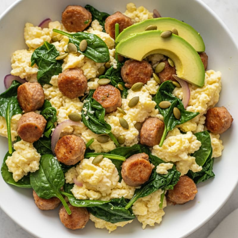 Egg White Scramble with Turkey Sausage and Sautéed Spinach