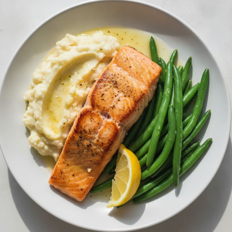 Pan-Seared Salmon with Steamed Green Beans and Mashed Cauliflower