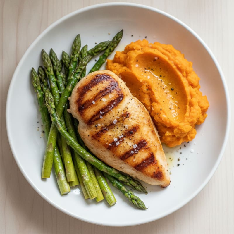 Pan-Seared Chicken with Roasted Asparagus and Sweet Potato