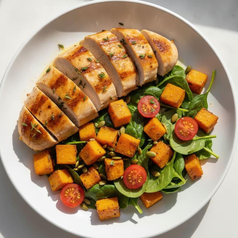 Lemon Herb Chicken Breast with Roasted Squash and Tomato Salad