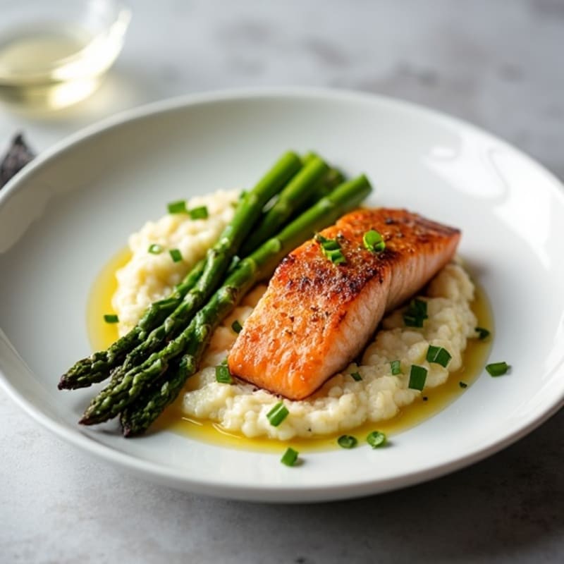 Seared Salmon with Roasted Asparagus and Cauliflower Mash