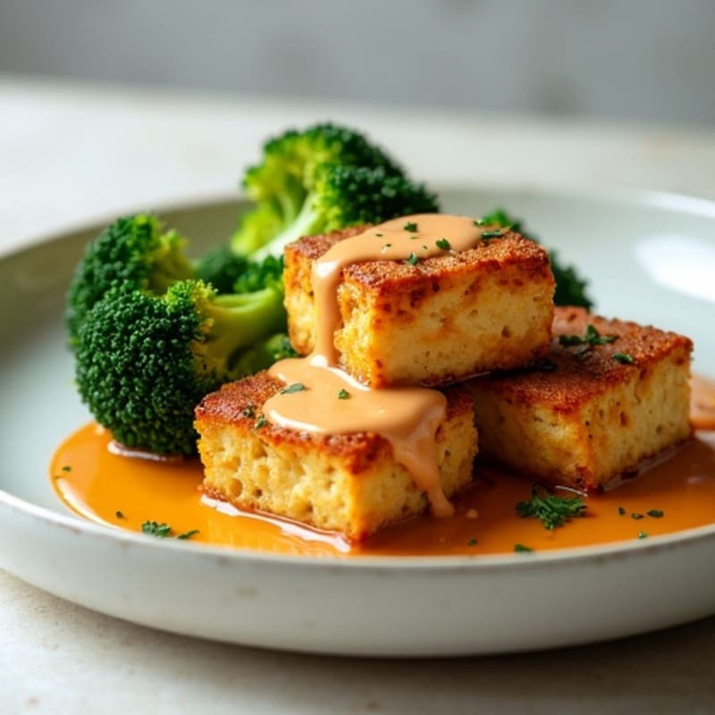 Crispy Baked Tofu with Roasted Broccoli and Creamy Peanut Sauce