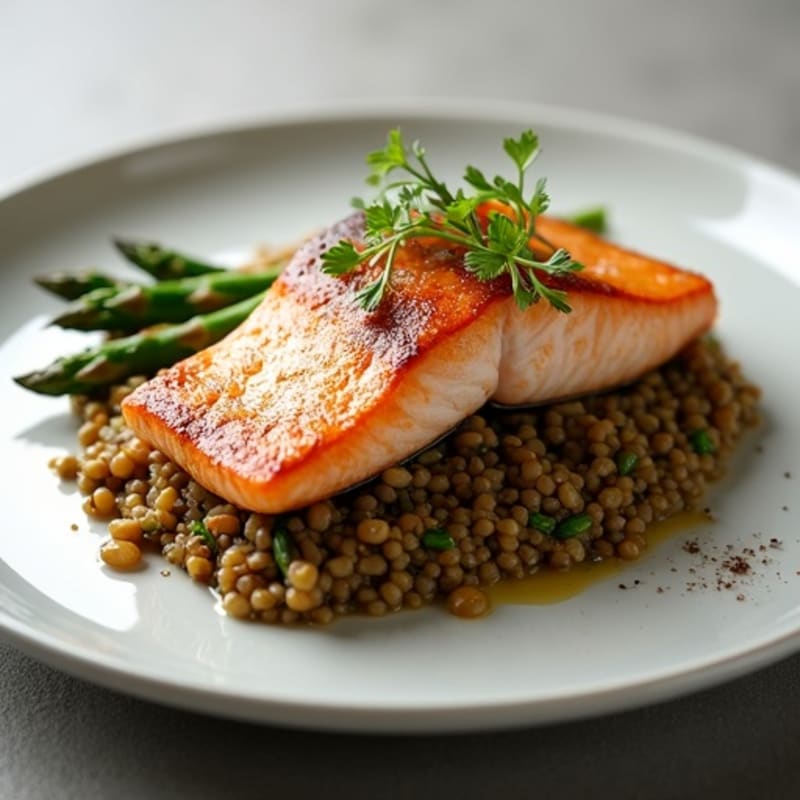 Seared Salmon with Steamed Asparagus and Lentil Mash
