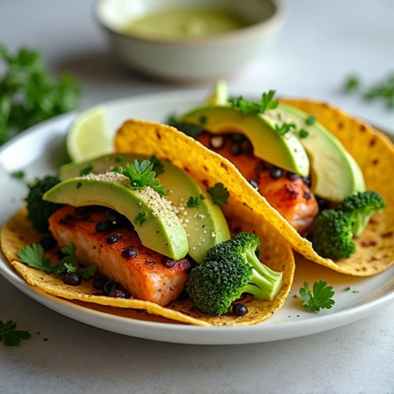Crispy Salmon Tacos with Roasted Broccoli and Creamy Avocado