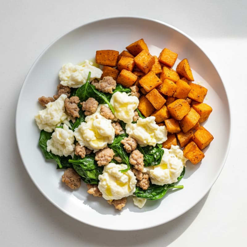 Egg White and Turkey Sausage Scramble with Spinach and Roasted Sweet Potatoes
