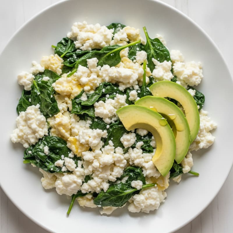 Egg White Spinach Scramble with Cottage Cheese and Avocado