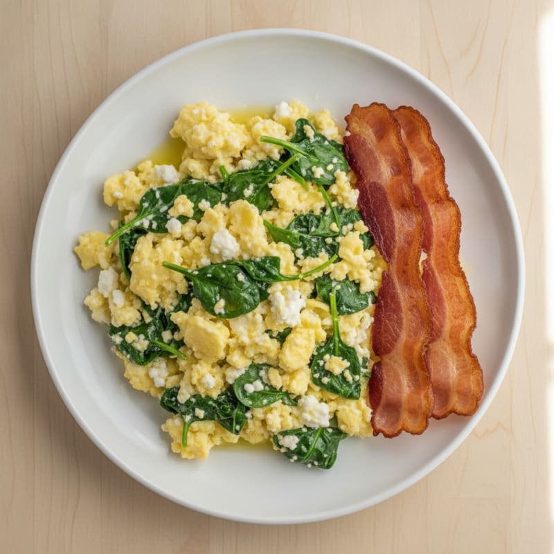 Cottage Cheese Egg Scramble with Spinach and Turkey Bacon
