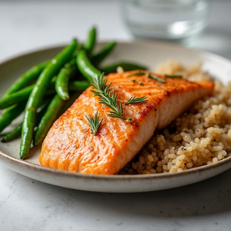 Seared Salmon with Garlic Green Beans and Brown Rice
