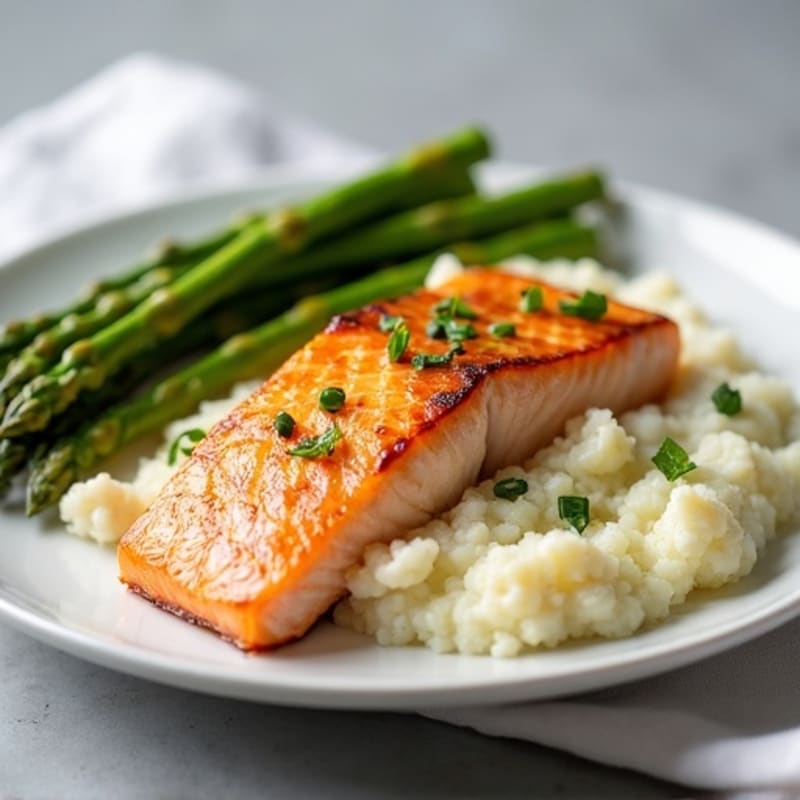 Seared Salmon with Steamed Asparagus and Garlic Mashed Cauliflower