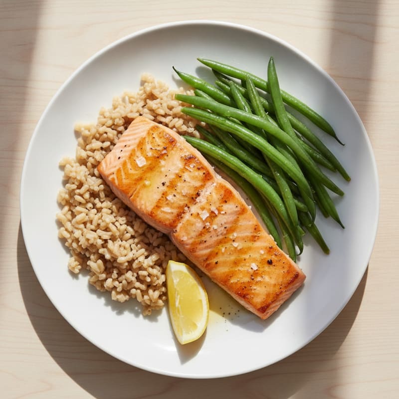 Seared Salmon with Steamed Green Beans and Brown Rice