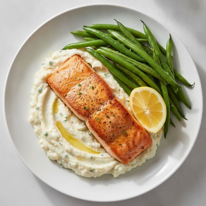 Seared Salmon with Steamed Green Beans and Garlic Mashed Cauliflower
