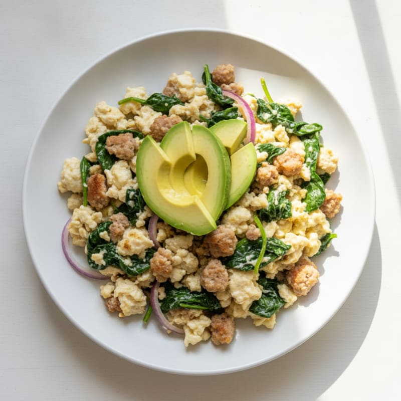 Egg White Scramble with Turkey Sausage and Sautéed Spinach