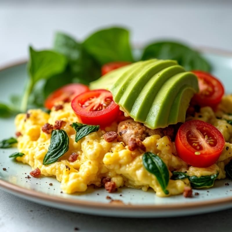 Egg White and Turkey Sausage Scramble with Spinach, Tomatoes, and Avocado