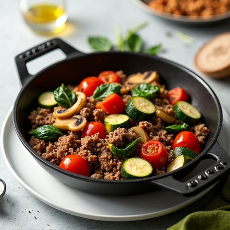 Lean Ground Beef and Roasted Vegetable Skillet