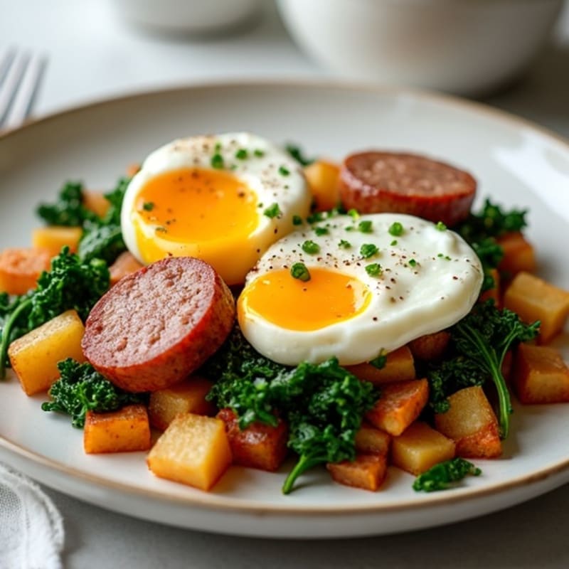 Crispy Potato Hash with Sautéed Greens and Poached Eggs