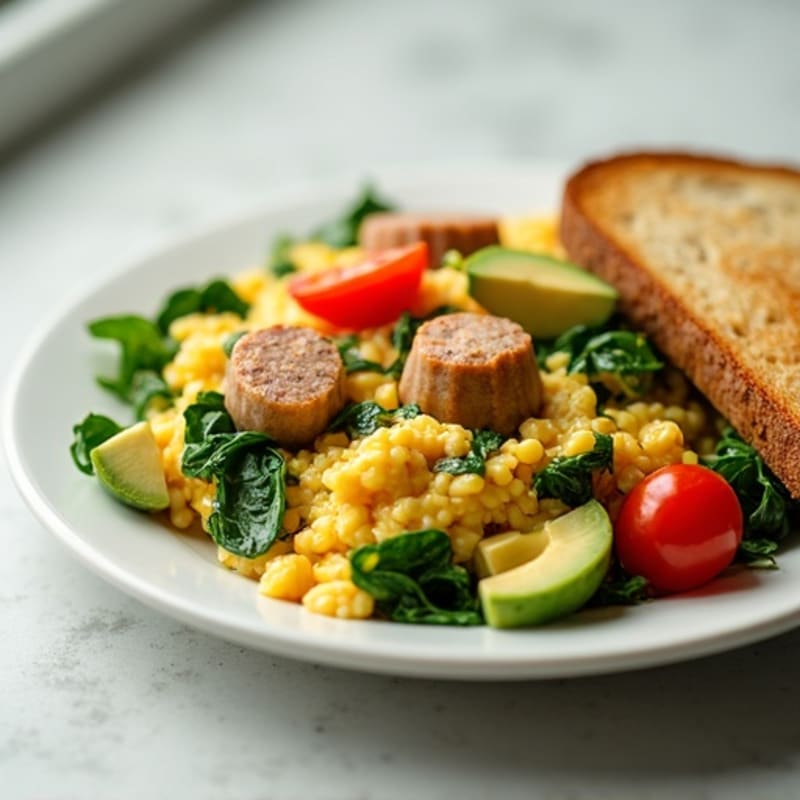 Egg White and Turkey Sausage Scramble with Spinach and Tomatoes
