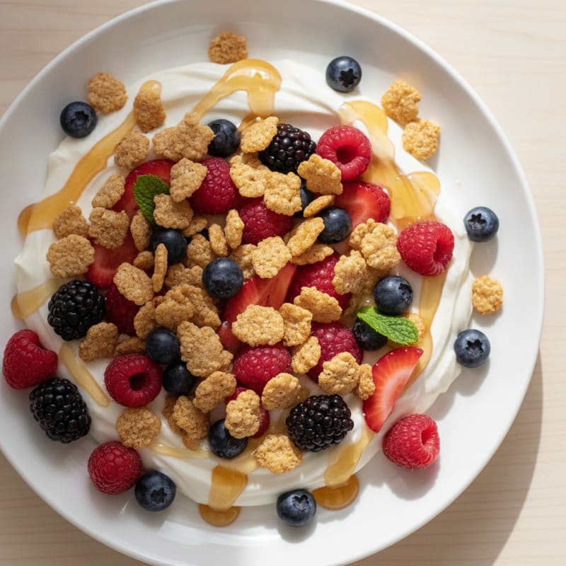 Greek Yogurt Protein Parfait with Mixed Berries, Honey, and Fiber One Crunch