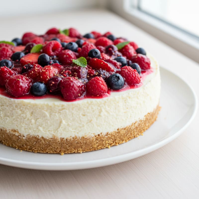 Greek Yogurt Protein Cheesecake with Mixed Berries