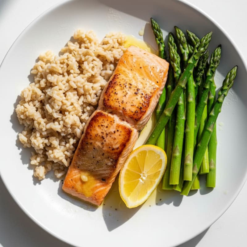 Seared Salmon with Steamed Asparagus and Brown Rice
