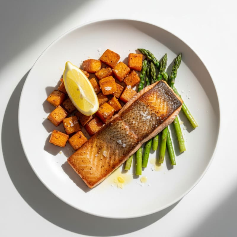 Seared Salmon with Roasted Sweet Potatoes and Asparagus