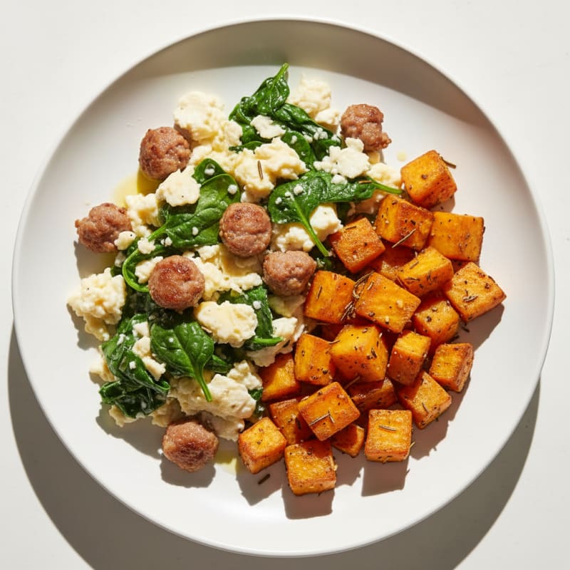 Egg White Spinach Scramble with Turkey Sausage and Roasted Sweet Potatoes