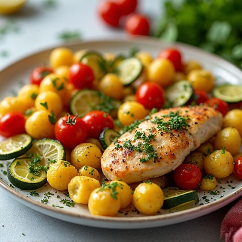 Sheet Pan Lemon Herb Chicken with Crispy Gnocchi and Fresh Pesto Roasted Vegetables
