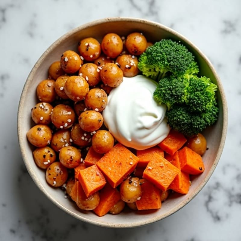 Crispy Roasted Chickpeas with Roasted Sweet Potatoes and Broccoli