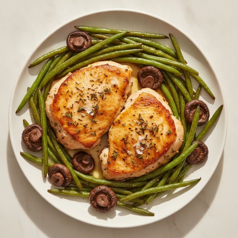 Pan-Seared Herb Chicken with Roasted Mushrooms and Haricots Verts