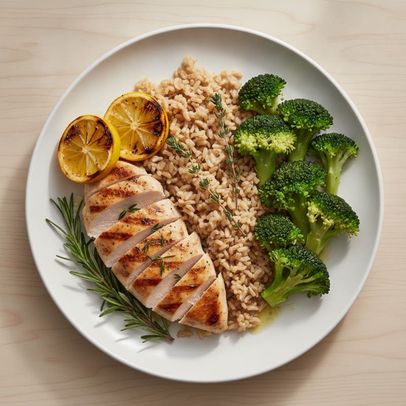Grilled Chicken Breast with Steamed Broccoli and Brown Rice