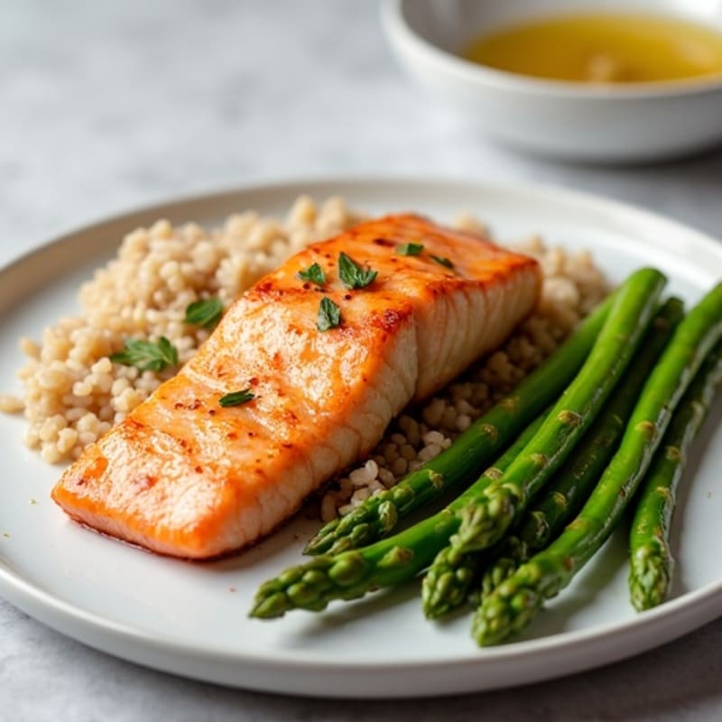 Seared Salmon Fillet with Steamed Asparagus and Brown Rice