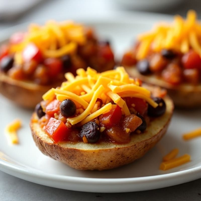 Crispy Baked Potato Skins with Lean Turkey Chili and Melted Cheddar