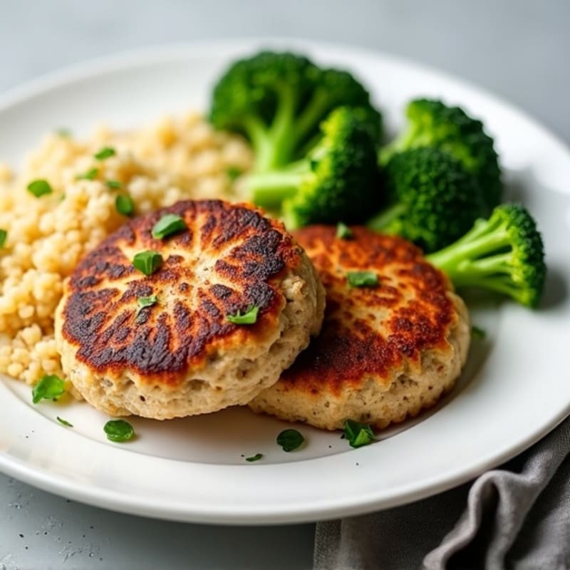 Seared Turkey Patties with Roasted Broccoli and Quinoa