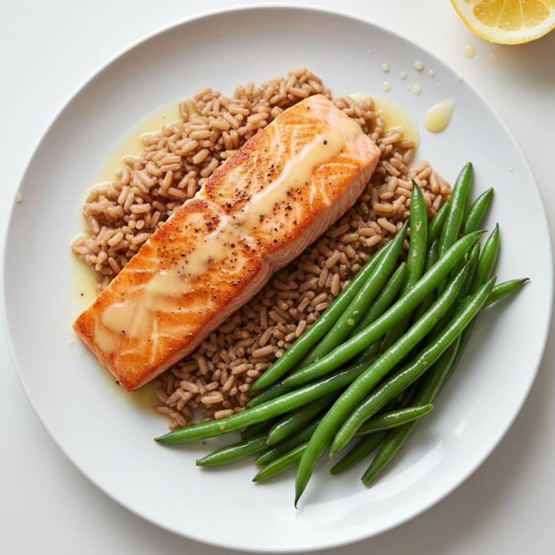 Seared Salmon Fillet with Steamed Green Beans and Brown Rice