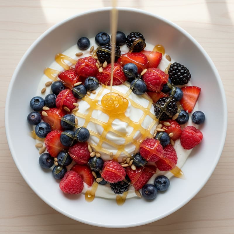 Silky Greek Yogurt with Mixed Berries and Sunflower Seeds