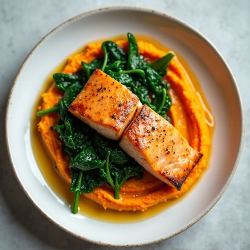 Seared Salmon with Garlic Spinach and Sweet Potato Mash