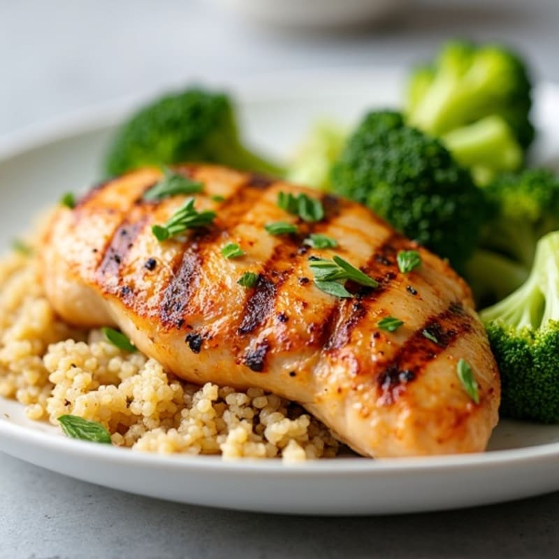 Grilled Lemon Garlic Chicken Breast with Quinoa and Steamed Broccoli