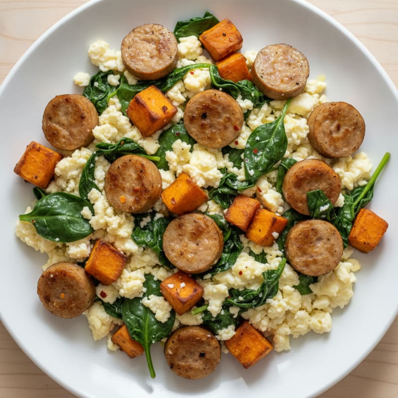 Crispy Turkey Sausage and Egg White Scramble with Spinach