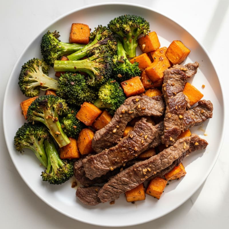 Seared Lean Beef Strips with Roasted Broccoli and Sweet Potato