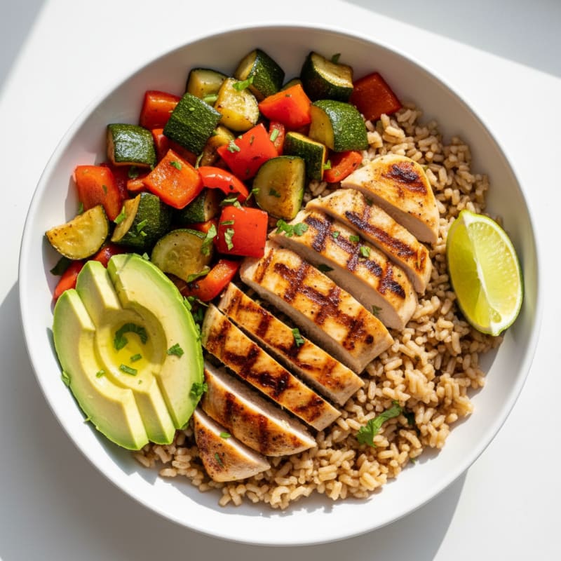 Grilled Chicken and Rice Bowl with Roasted Vegetables