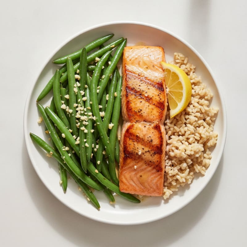 Seared Salmon with Garlic Green Beans and Brown Rice