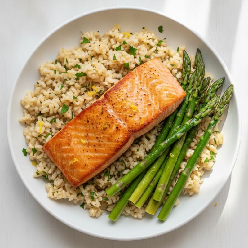 Seared Salmon with Steamed Asparagus and Lemon-Herb Rice